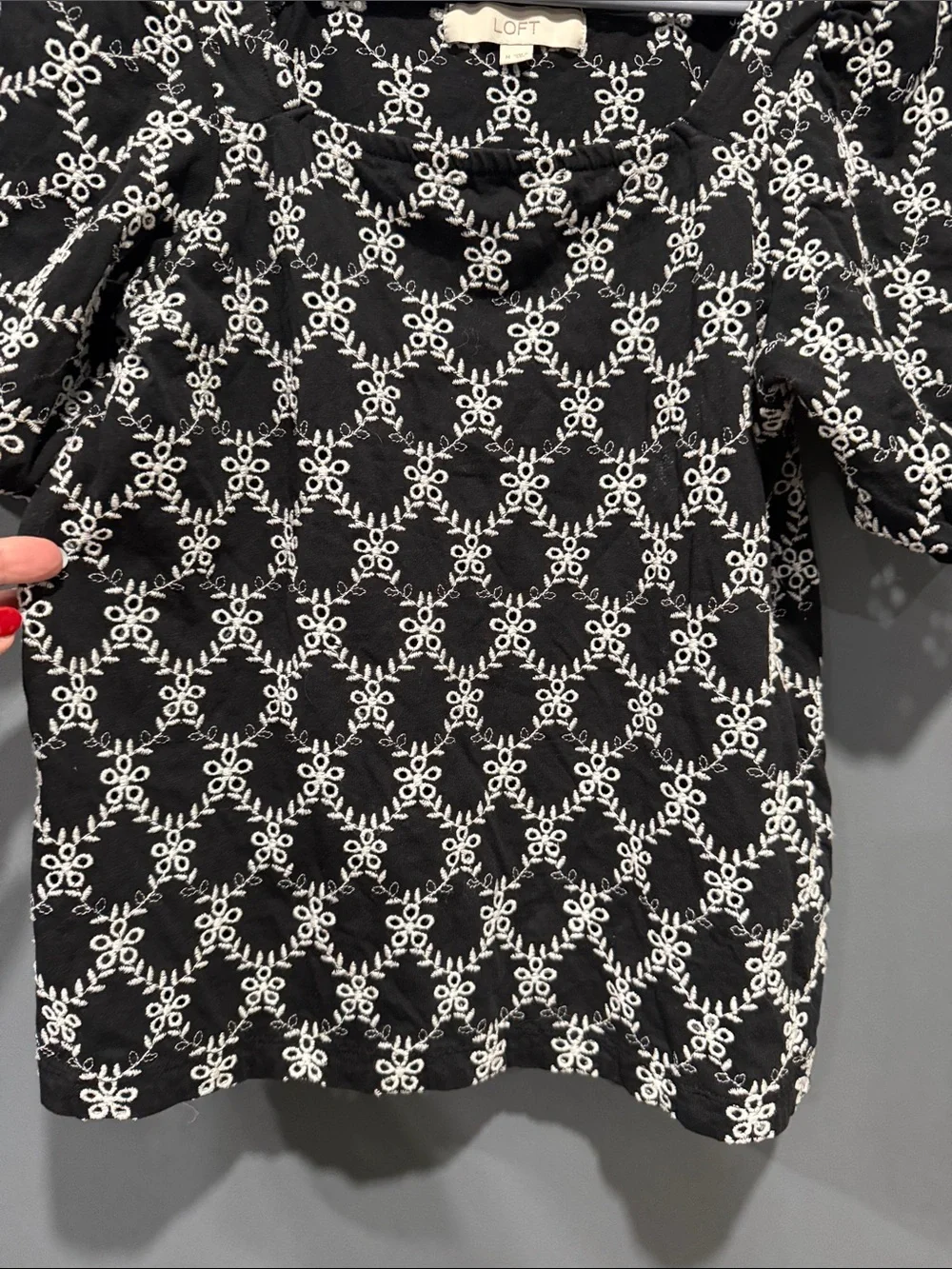 LOFT Black Top with White Floral Lattice Embroidery and Puff Sleeves